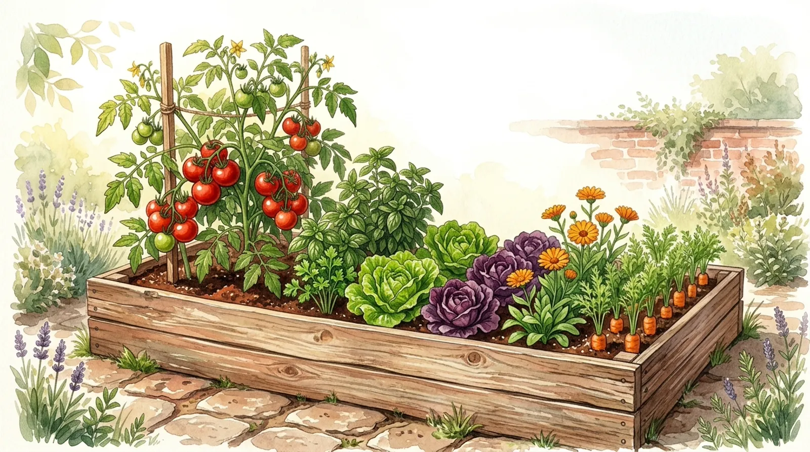 Ilustración en acuarela de una huerta casera con tomates, lechugas, hierbas aromáticas y caléndulas